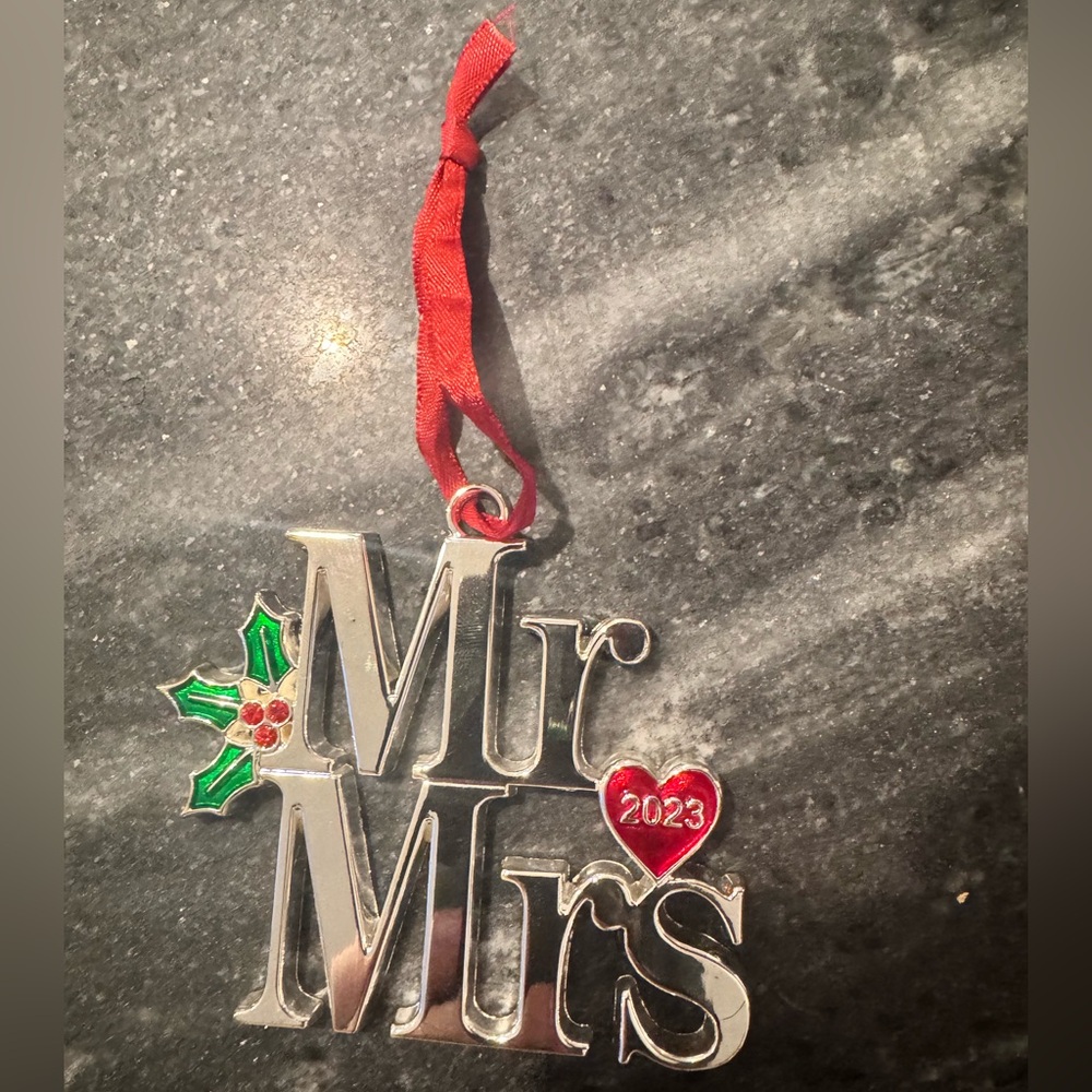 Silver 'Mr & Mrs' Holiday Ornament with Red and Green Accents